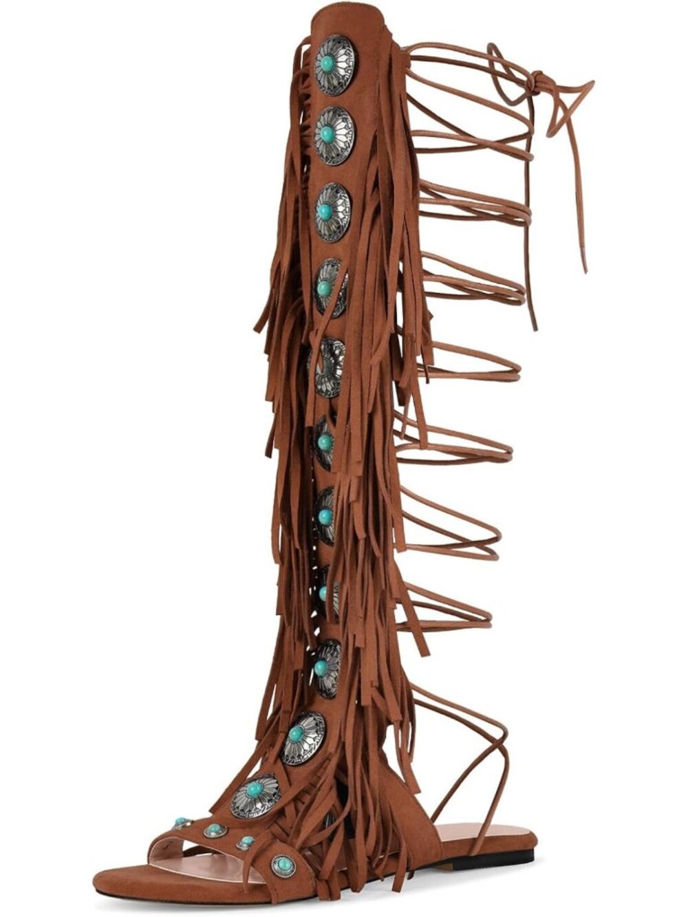 Boho Chic Jewel Fringe Open Toe Flat Sandals with Lace Up & Tassel Details